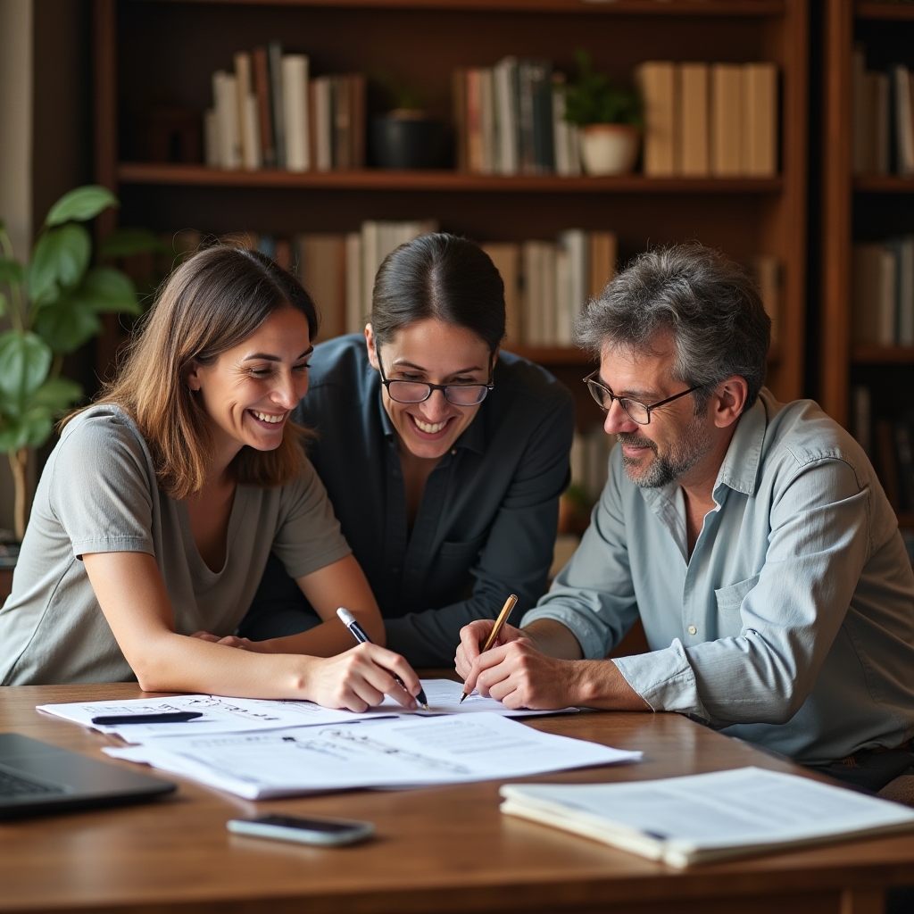 Group reviewing community documents together