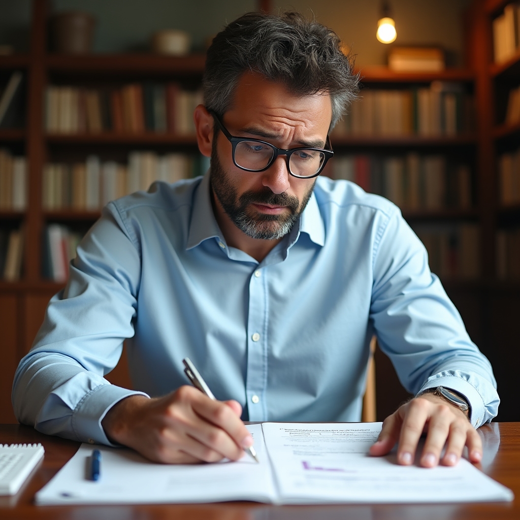 Community president studying printed accounts at table